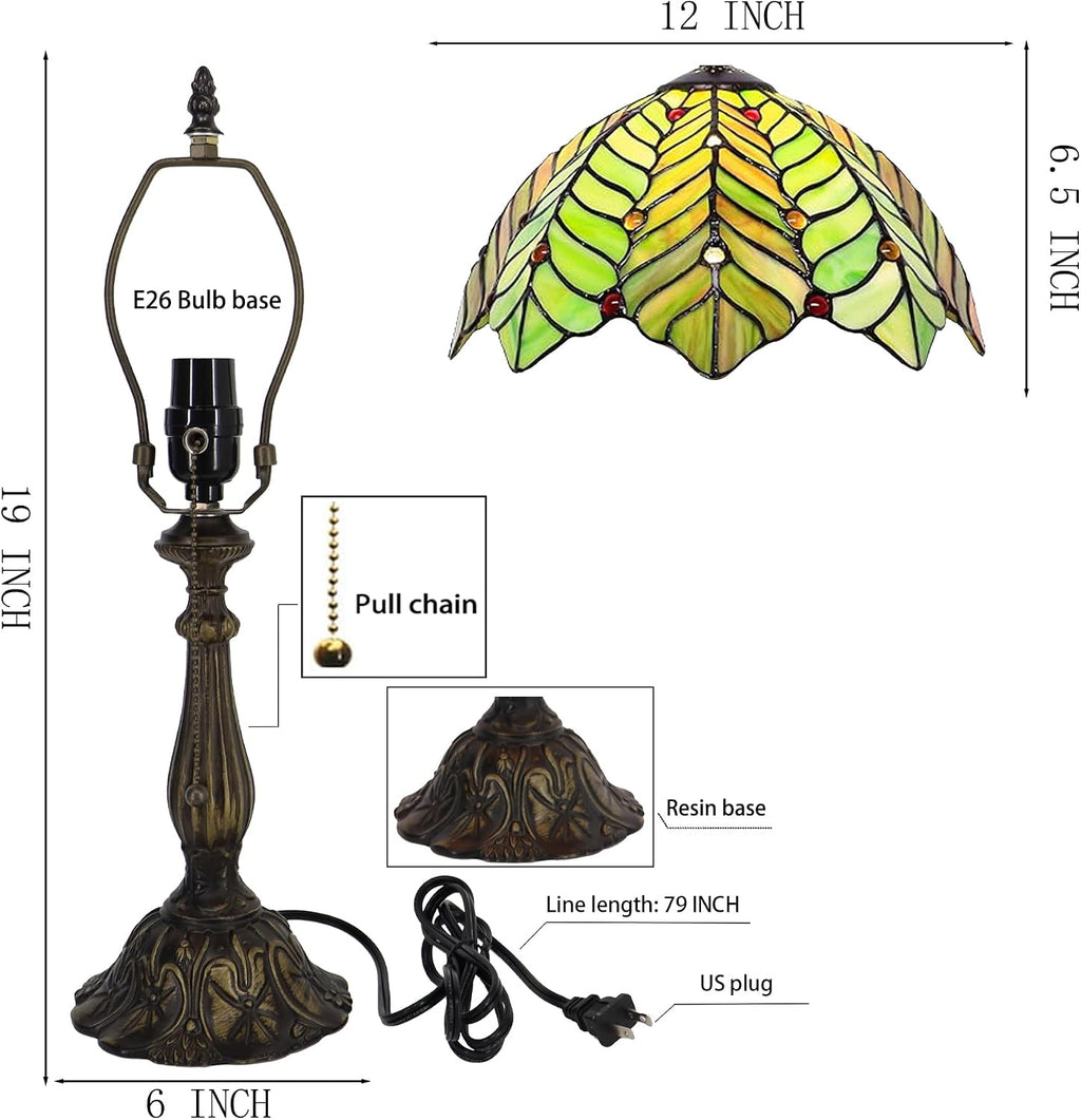Tiffany Lamp Stained Glass Table Lamp Bedside Reading Light W12H19 Inches (Brown Green Leaf)