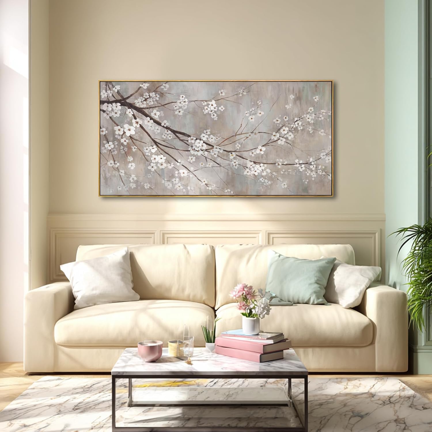 XIANSHOU Plum blossom Wall Decor White Flowers Painting on Canvas Nature Wall Art for Bedroom 24'x 48' Wall Decorations for Living Room Office
