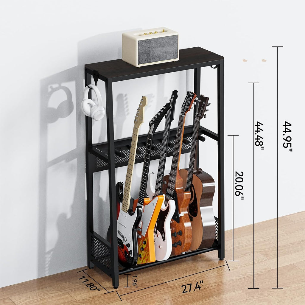 EmberGlow Multi-Guitar Stand with Top Display Shelf - Heavy Duty 28lbs Metal Guitar Rack with Adjustable Spacing & Soft EVA Padding, Premium Instrument Holder for Acoustic, Electric, Bass, Ukulele, Model L (Brown)