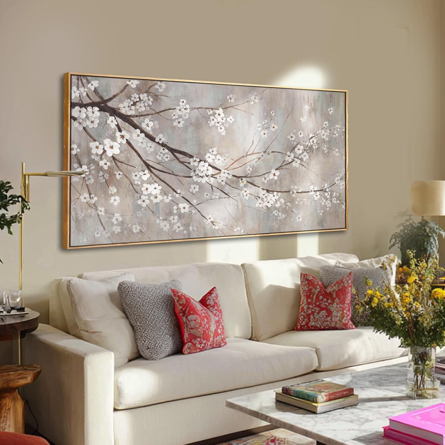 XIANSHOU Plum blossom Wall Decor White Flowers Painting on Canvas Nature Wall Art for Bedroom 24'x 48' Wall Decorations for Living Room Office