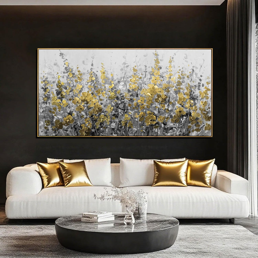 Framed Gold and Grey Abstract Flower Canvas Wall Art 24x48 Inch Textured Floral Painting Modern Decorative Artwork for Living Room Bedroom Office