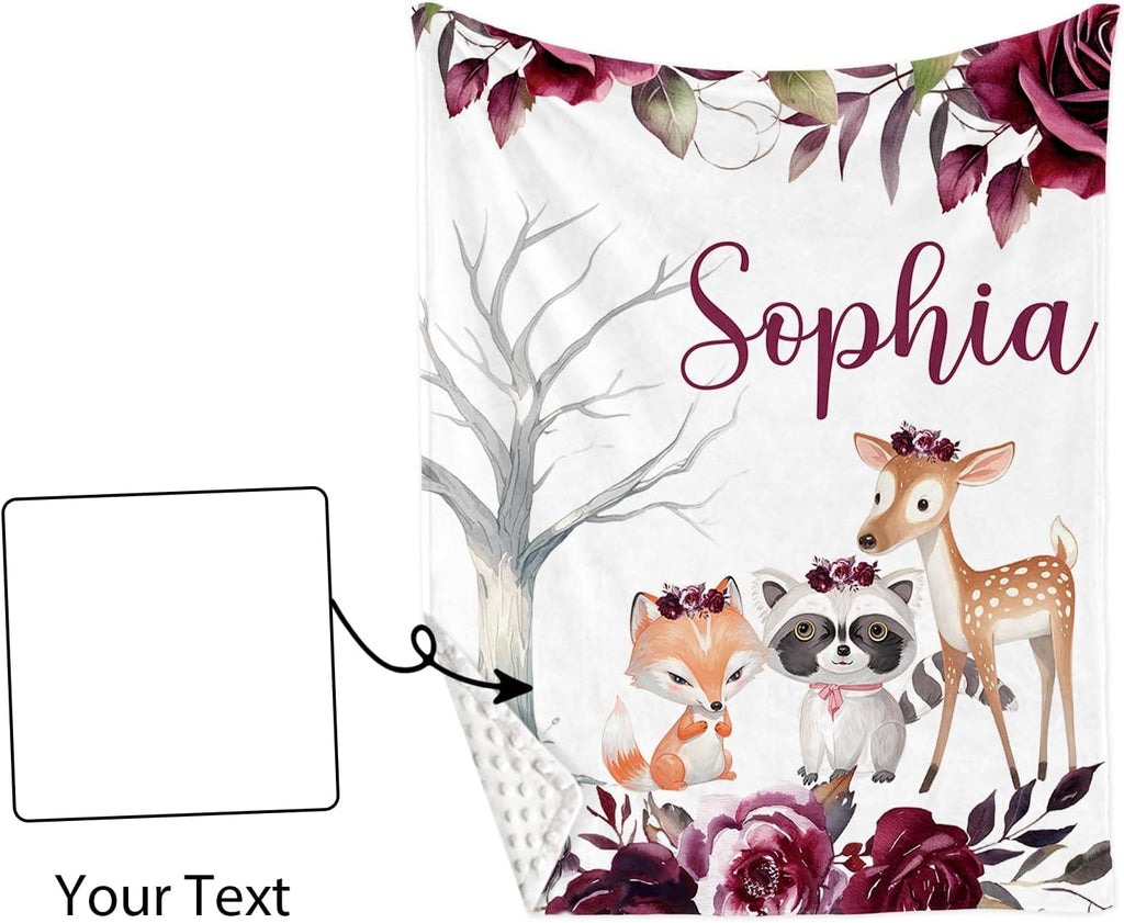Personalized Baby Crib Bedding Set for Baby Girls, Rose Animal Pattern Custom Name 5-Pcs, Toddler Double Layer Blanket Fitted Sheets Changing Pad Cover Rug Wall Art Set