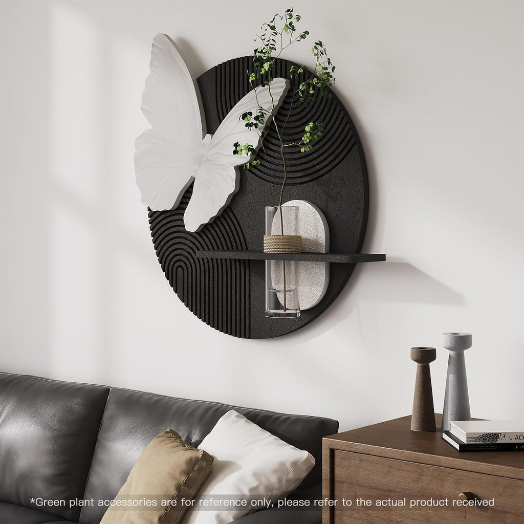 3D Black and White Butterfly Wall Art Decor for Living Room, Modern Minimalist Textured Artwork for Walls with Vase, Geometric Round Sandstone Wall Decor for Dining Room Hallway Bedroom Office