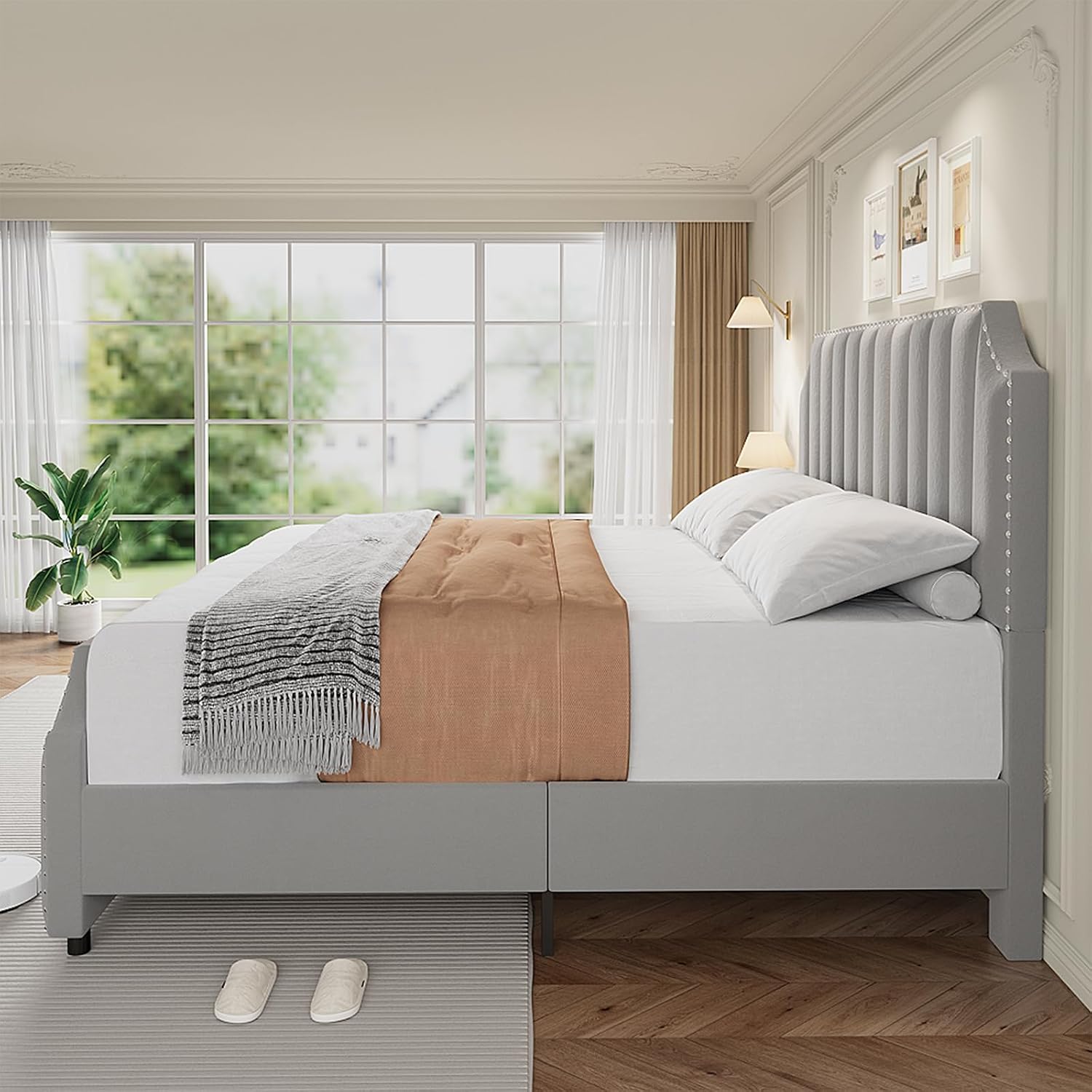 King Size Bed Frame, Platform Bed Frame with Velvet Upholstered 50.2'' Headboard, Rivet Decoration, Strong Wooden Slats, No Box Spring Needed, Easy Assembly, Grey
