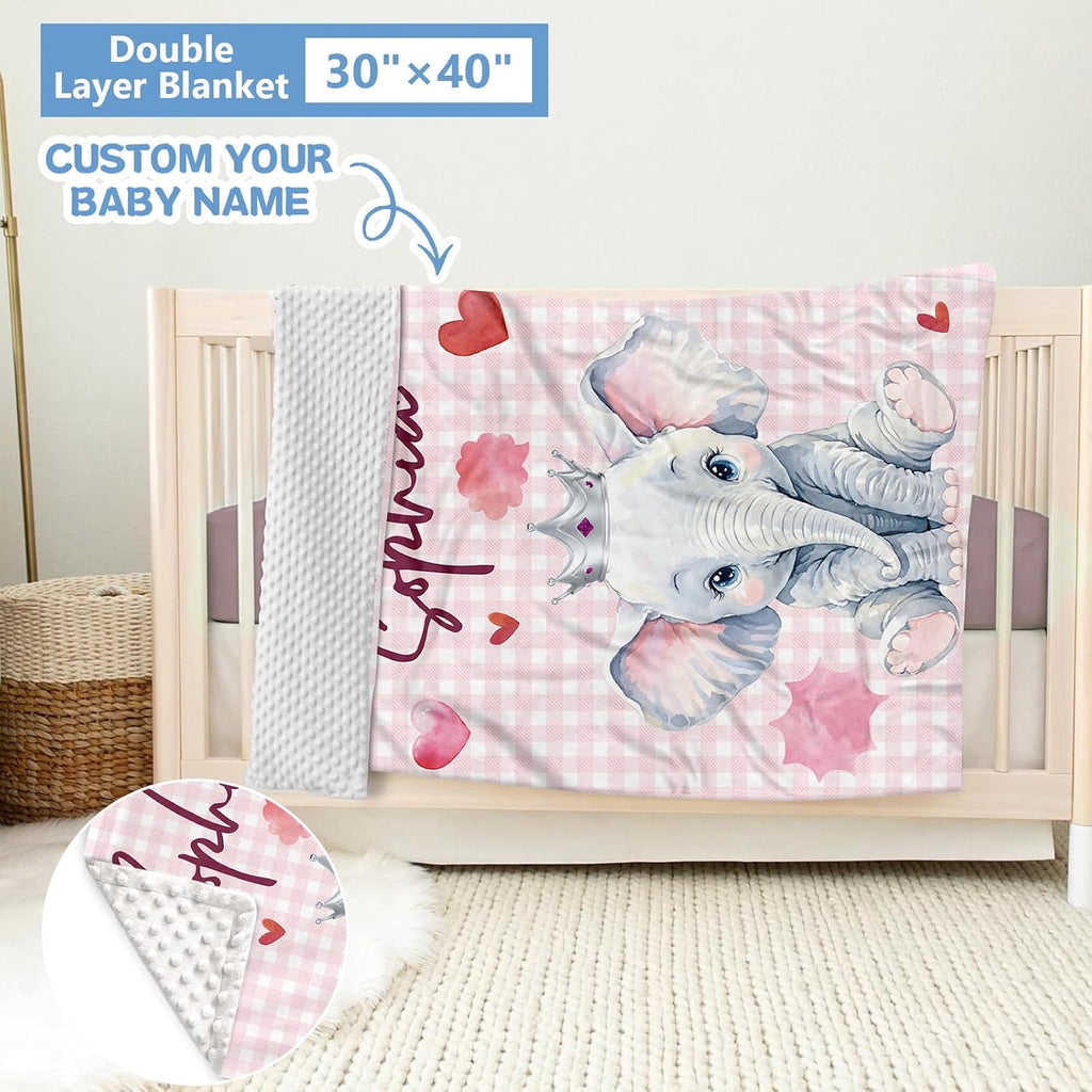 KAINSY Personalized Baby Crib Set, 5 Pcs Custom with Name, Soft Elephant Crib Bedding, Double Layer Toddler Infant Bedding, New Parents Gifts