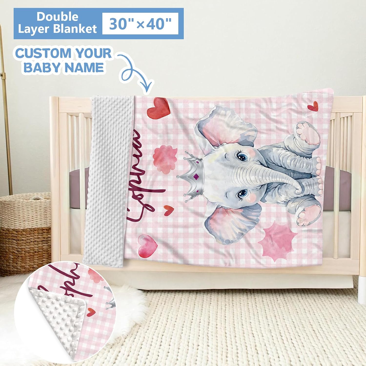 KAINSY Personalized Baby Crib Set, 5 Pcs Custom with Name, Soft Elephant Crib Bedding, Double Layer Toddler Infant Bedding, New Parents Gifts
