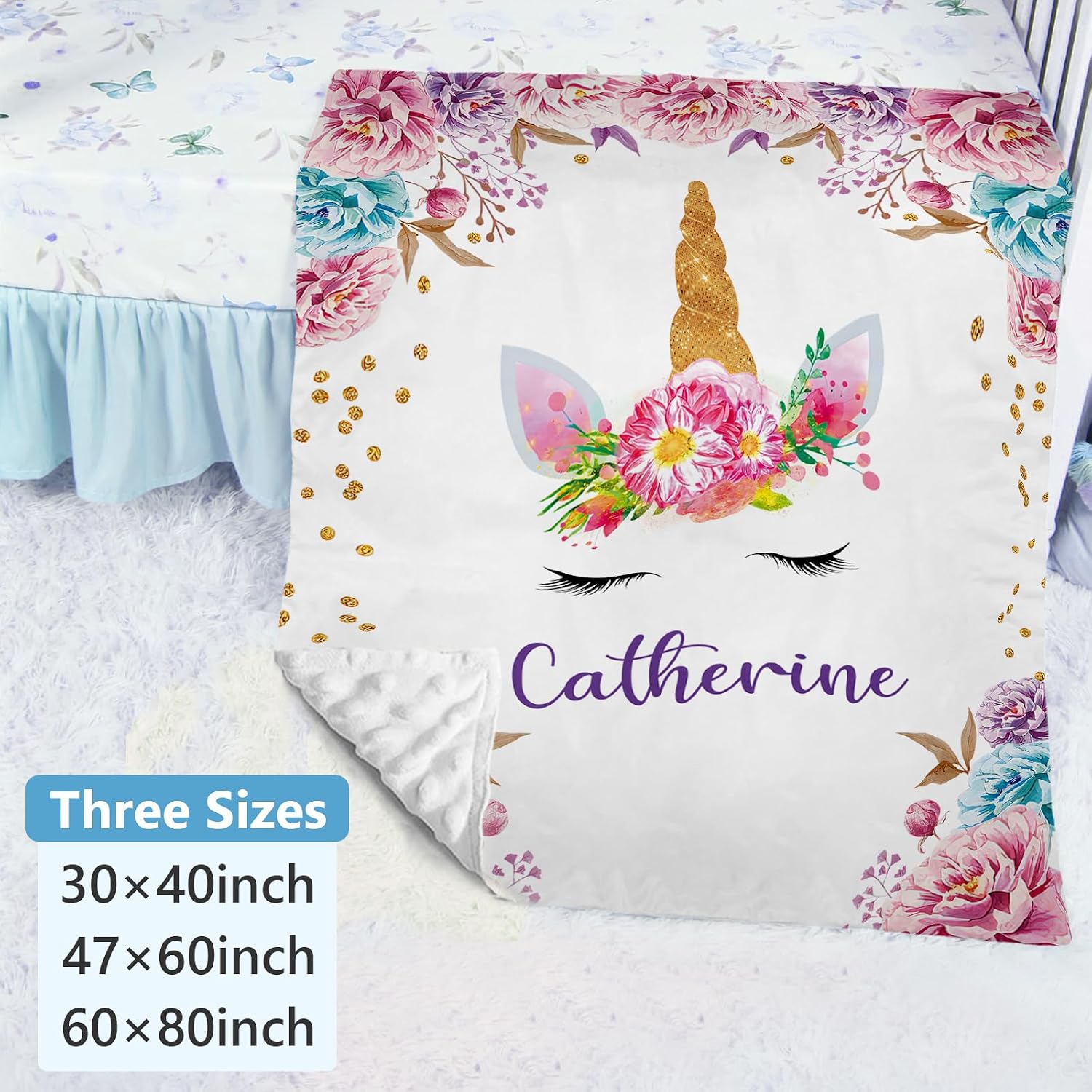 Dyoart Personalized Baby Crib Bedding Set - 5 Piece Custom Baby Crib Sets with Name, Nursery Bedding Set for Baby Girls Crib Unicorn Design Gift Idea Double Layer Blanket Set(Fixed Size)