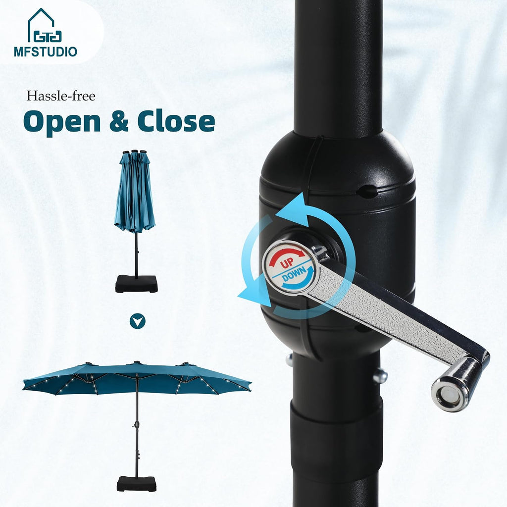 MFSTUDIO 15ft Double Sided Patio Umbrella with Solar Lights, Outdoor Large Umbrellas with Crank Handle and 36 LED Lights, Rectangular Market Umbrella with Base Included for Deck Pool Shade, Cerulean