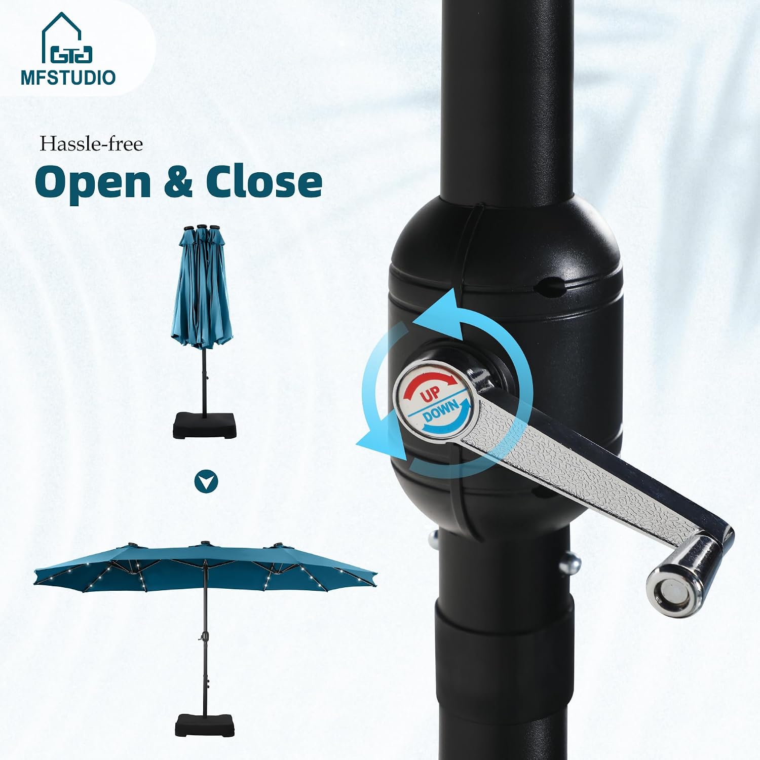 MFSTUDIO 15ft Double Sided Patio Umbrella with Solar Lights, Outdoor Large Umbrellas with Crank Handle and 36 LED Lights, Rectangular Market Umbrella with Base Included for Deck Pool Shade, Cerulean