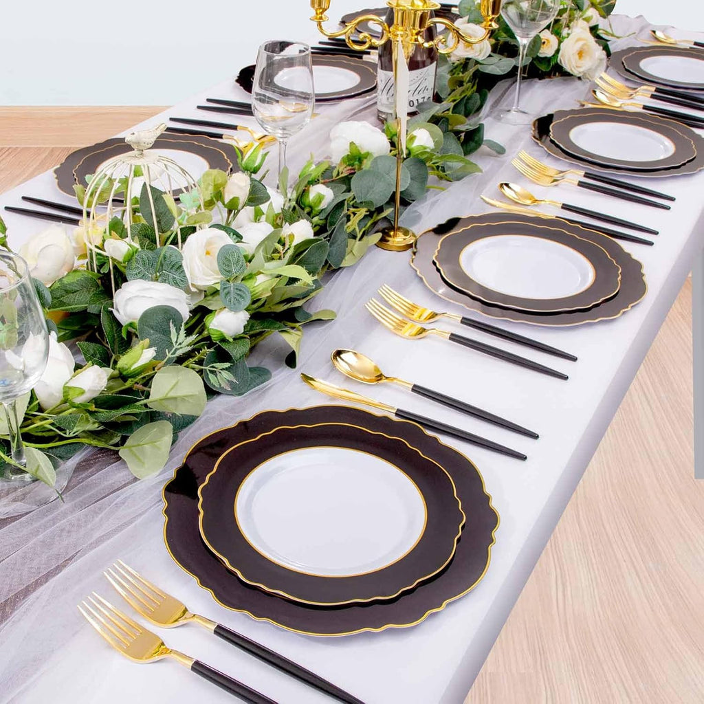 WDF 30Guest Black and Gold Plastic Plates - New Year Plates - Gold Plastic Silverware With Black Handle Baroque Black and Gold Disposable Dinnerware for New Year &Parties (Pack of 2)
