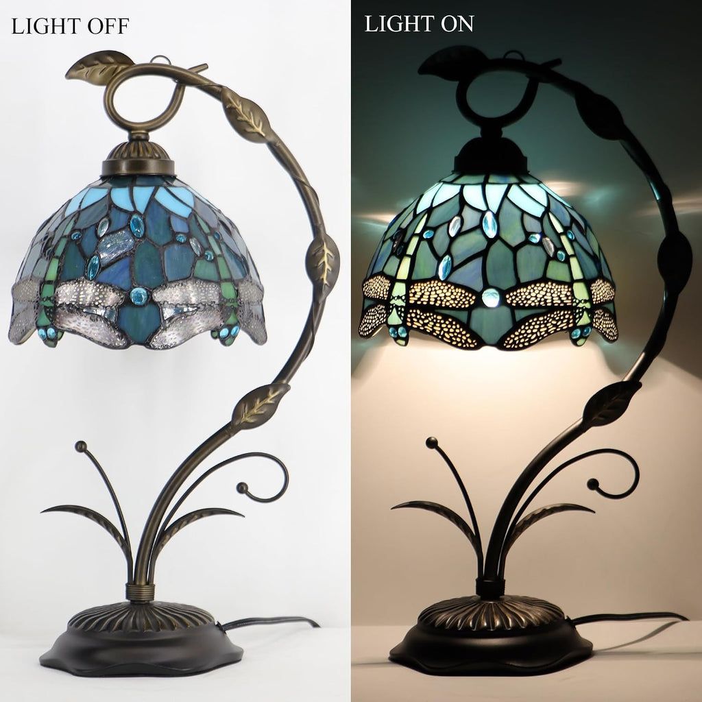 Tiffany Lamp Stained Glass Table Lamp Metal Leaf Base 8X10X19 Inch Reading Desk Light (Sea Blue Dragonfly)