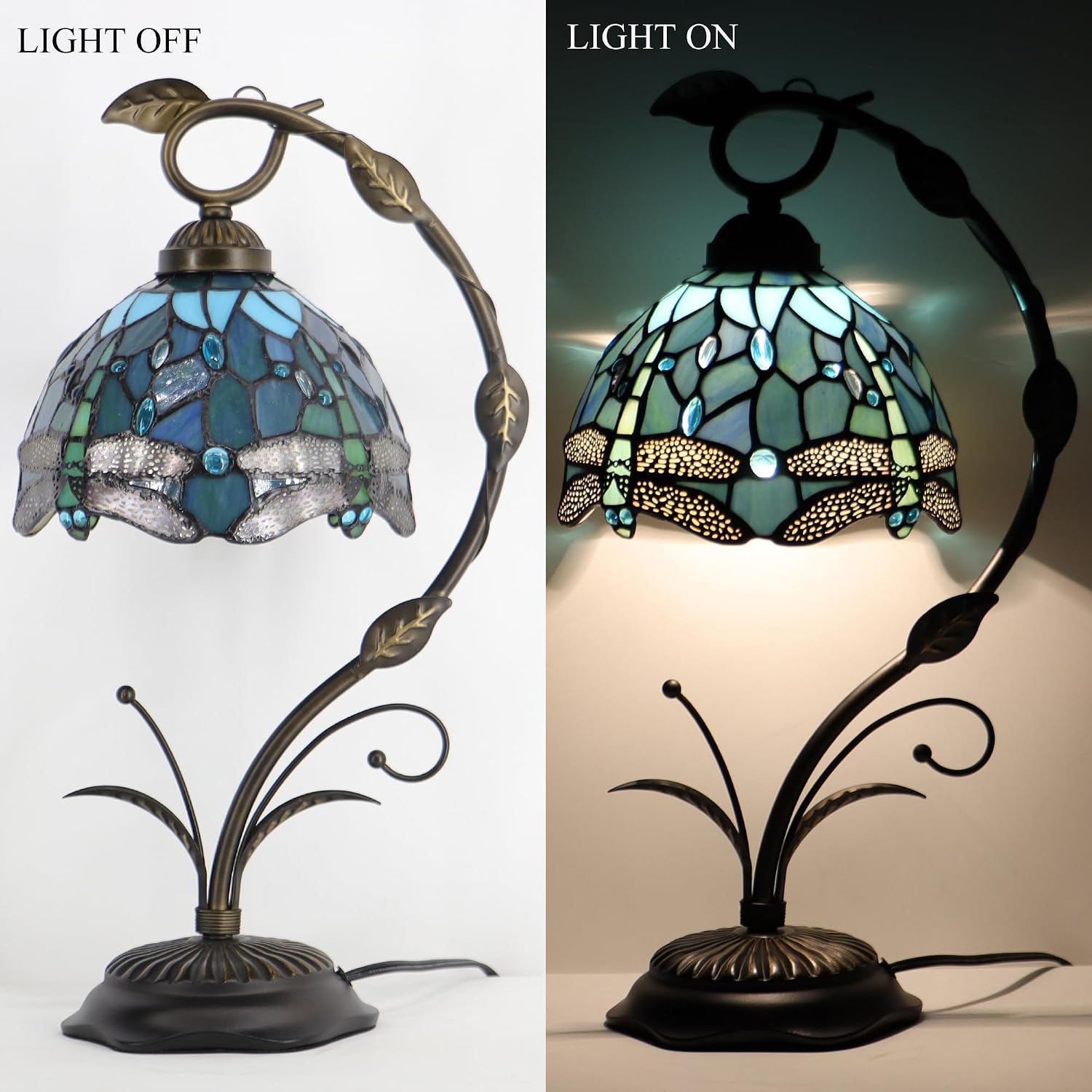 Tiffany Lamp Stained Glass Table Lamp Metal Leaf Base 8X10X19 Inch Reading Desk Light (Sea Blue Dragonfly)