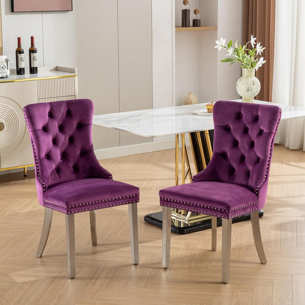 2 Piece Contemporary Velvet Upholstered Dining Chair with Chrome Stainless Steel Plating Legs, Nail Head Decro, Armless Tufted Dining Chair Fabric Dining Room Chair (Purple&Silver, Set of 2)