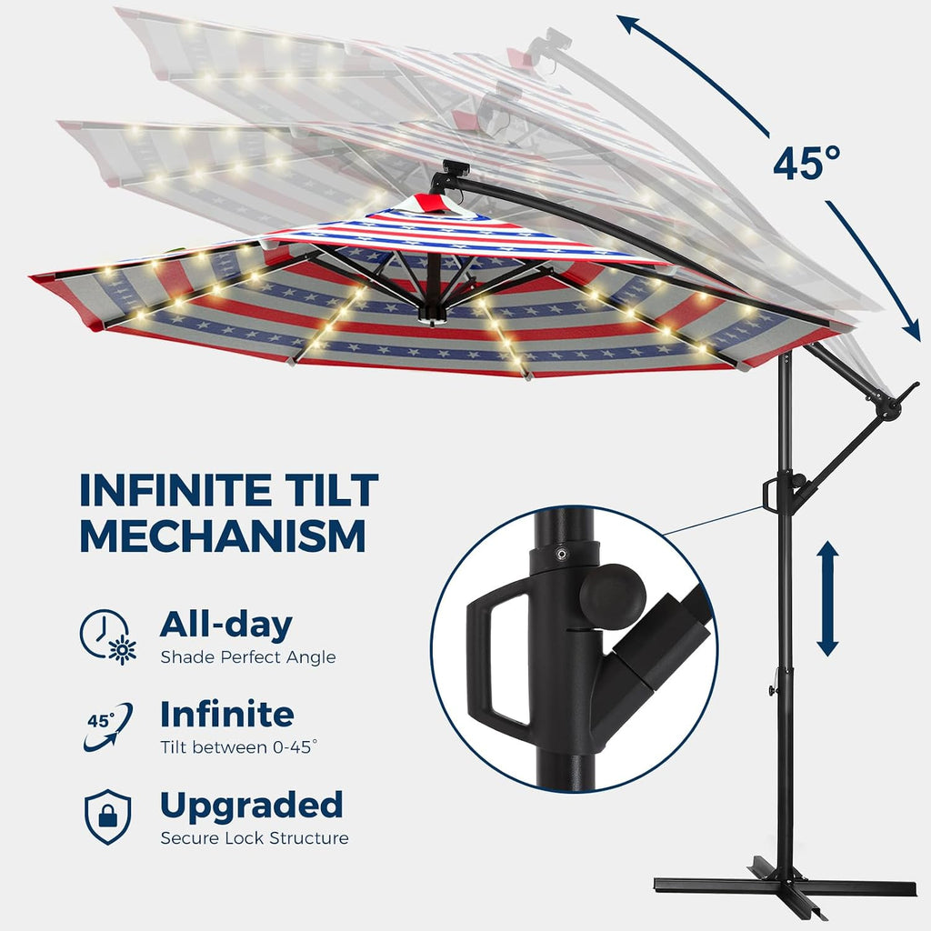 10ft Solar LED Cantilever Patio Umbrella, Stars and Stripes Patriotic Design Offset Outdoor Umbrella, Large Red White Blue Sun Shading with Base, Flag-Themed Decor for 4th of July, Memorial Day