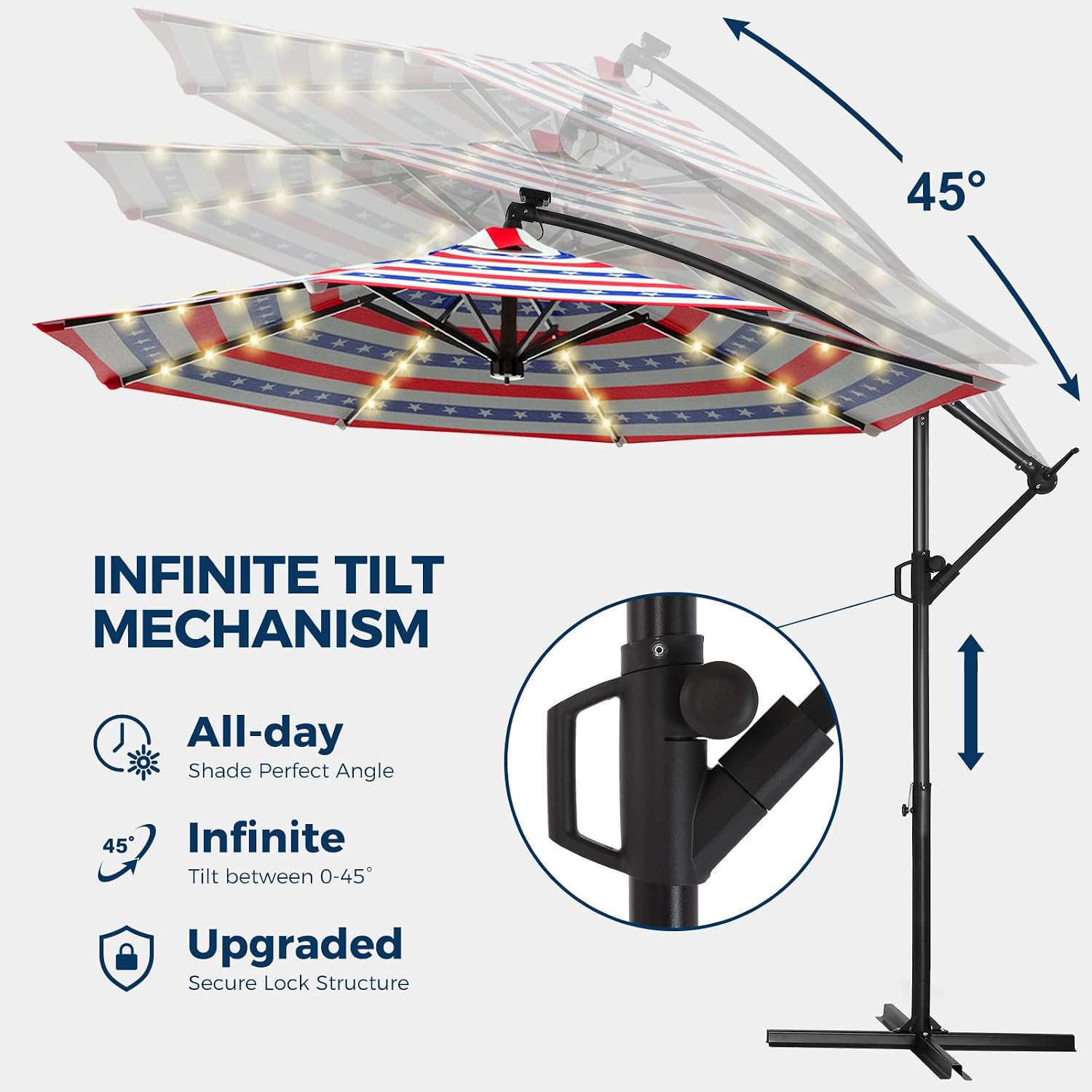 10ft Solar LED Cantilever Patio Umbrella, Stars and Stripes Patriotic Design Offset Outdoor Umbrella, Large Red White Blue Sun Shading with Base, Flag-Themed Decor for 4th of July, Memorial Day