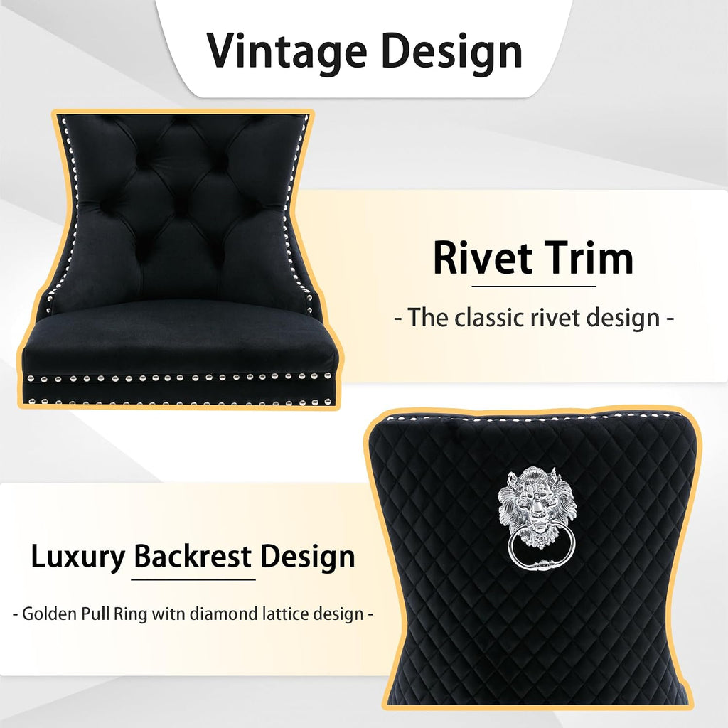 Velvet Dining Chairs Set of 6, Upholstered Dining Room Chairs, Mid-Century Modern Chairs with Diamond Lattice Tufted Back, Lion Pull Ring Rivet Trim, Silver Metal Legs for Kitchen, Black