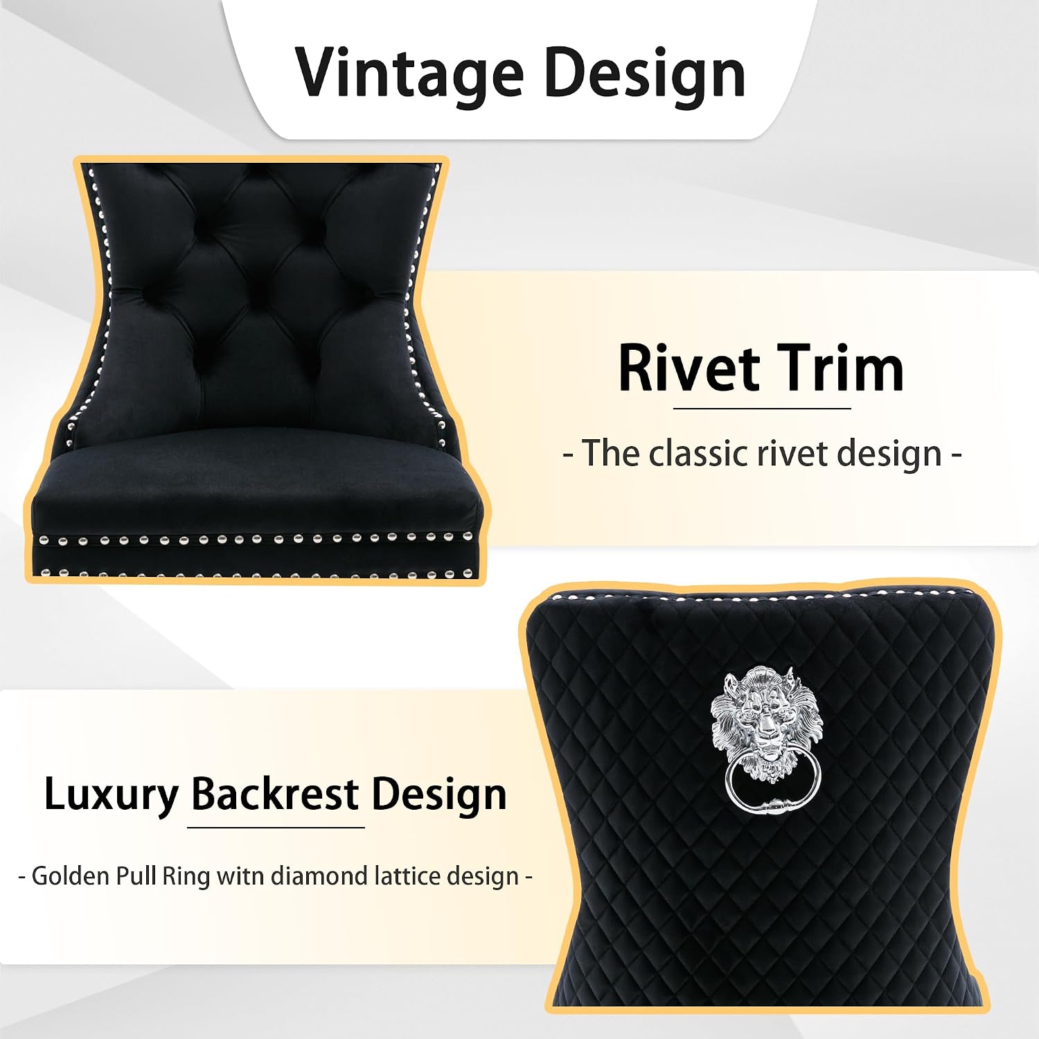 Velvet Dining Chairs Set of 6, Upholstered Dining Room Chairs, Mid-Century Modern Chairs with Diamond Lattice Tufted Back, Lion Pull Ring Rivet Trim, Silver Metal Legs for Kitchen, Black