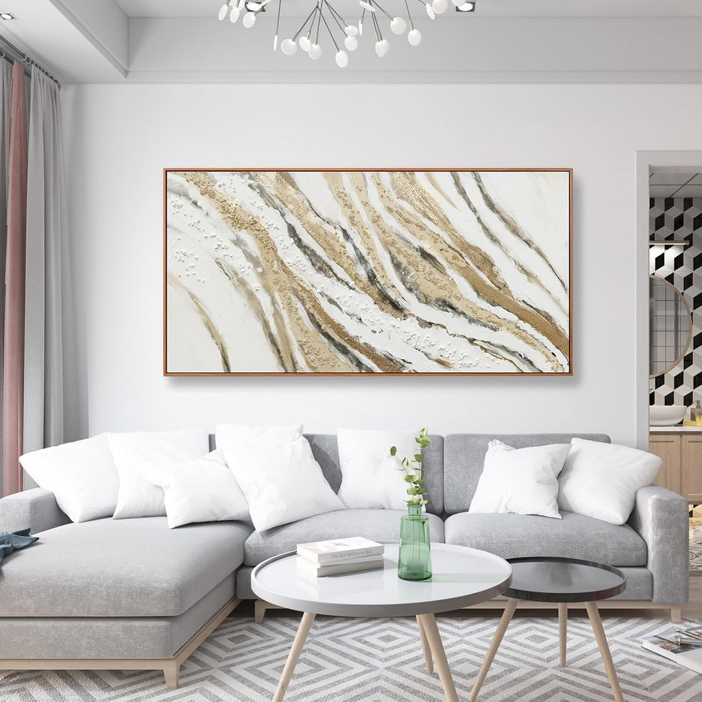 Abstract Canvas Wall Art Large Size Modern Art Paintings Abstract Painting With Golden And White Lines Minimalist Artwork Decor For Living Room Bedroom Corridor Framed 29' X 58'