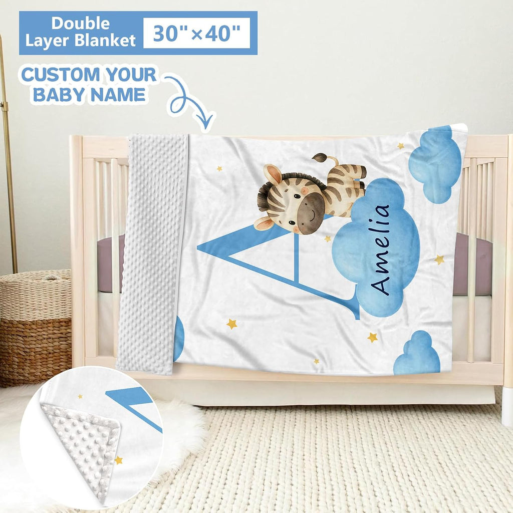 KAINSY Custom Crib Bedding Set, 5 Pcs Personalized Name Monogram Baby Crib Sets for Infants Toddlers, Blue Zebra Nursery Bedding Set for Boys Girls, Double Layer Baby Bedding Sets Customized Gifts