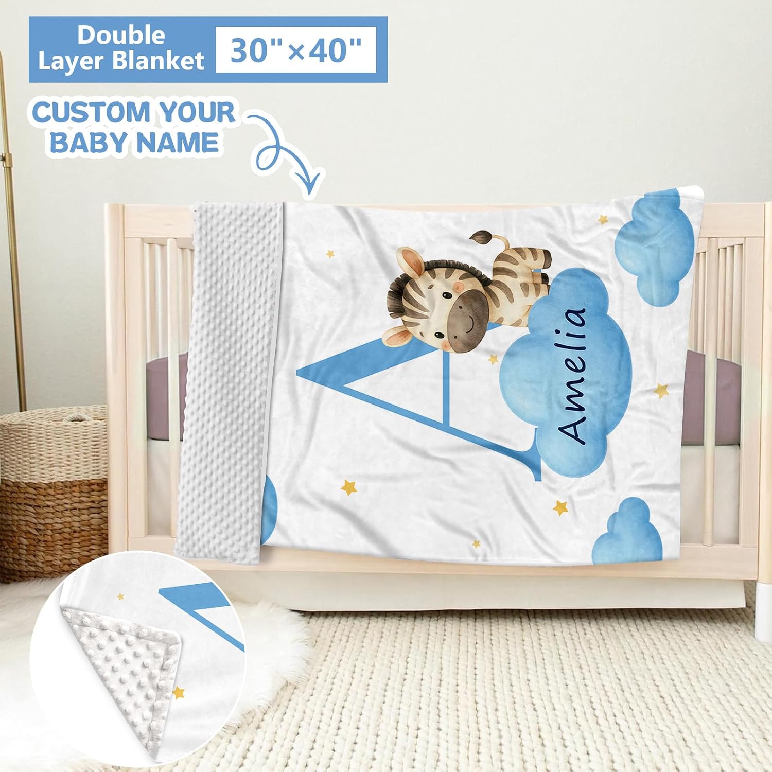 KAINSY Custom Crib Bedding Set, 5 Pcs Personalized Name Monogram Baby Crib Sets for Infants Toddlers, Blue Zebra Nursery Bedding Set for Boys Girls, Double Layer Baby Bedding Sets Customized Gifts