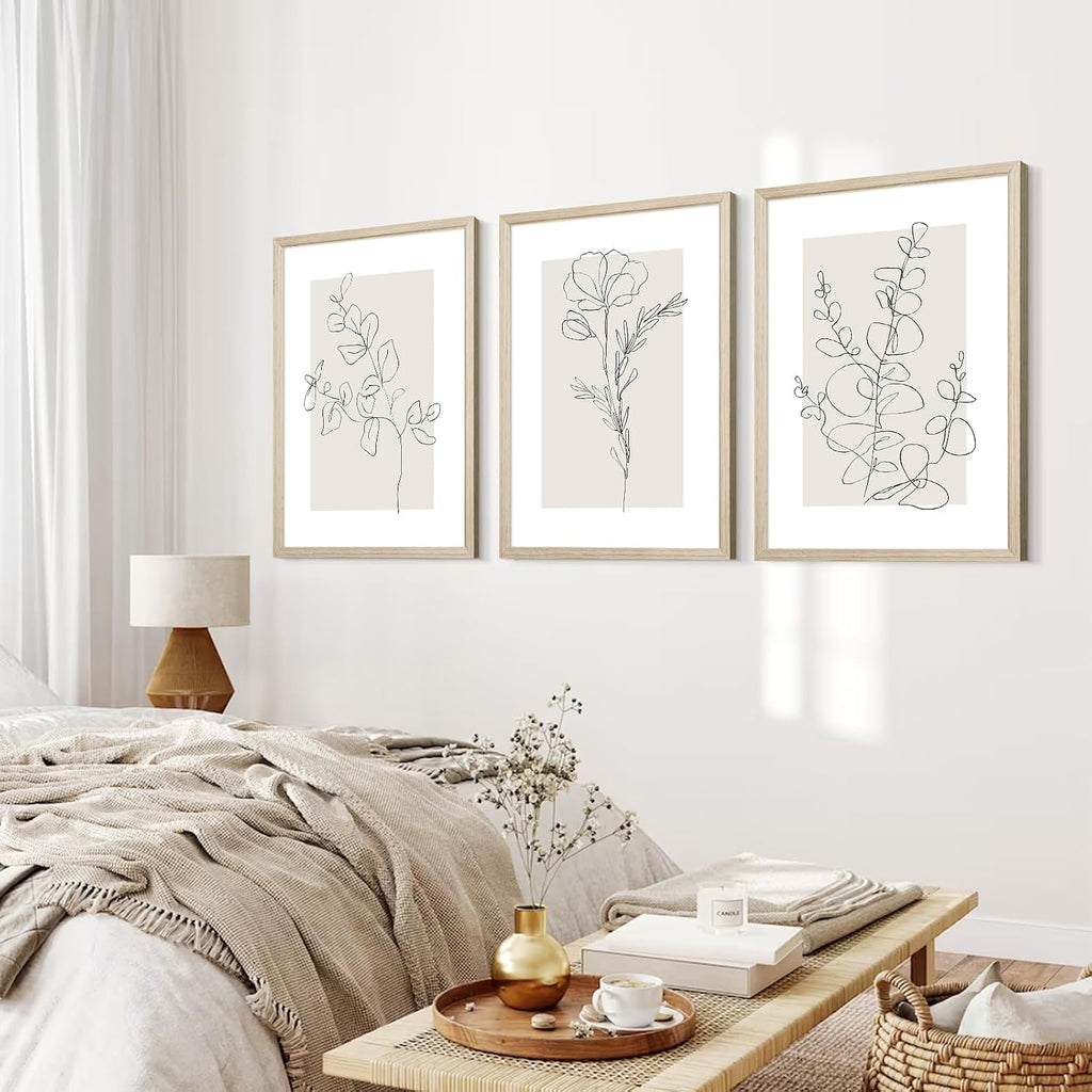 Neutral Botanical Prints Wall Art Flower Minimalist Canvas Wall Decor Vintage Line Wall Art Floral Plant Painting Pictures Beige Boho Artwork Farmhouse Poster for Bedroom 24x36x3 Inch Wood Framed