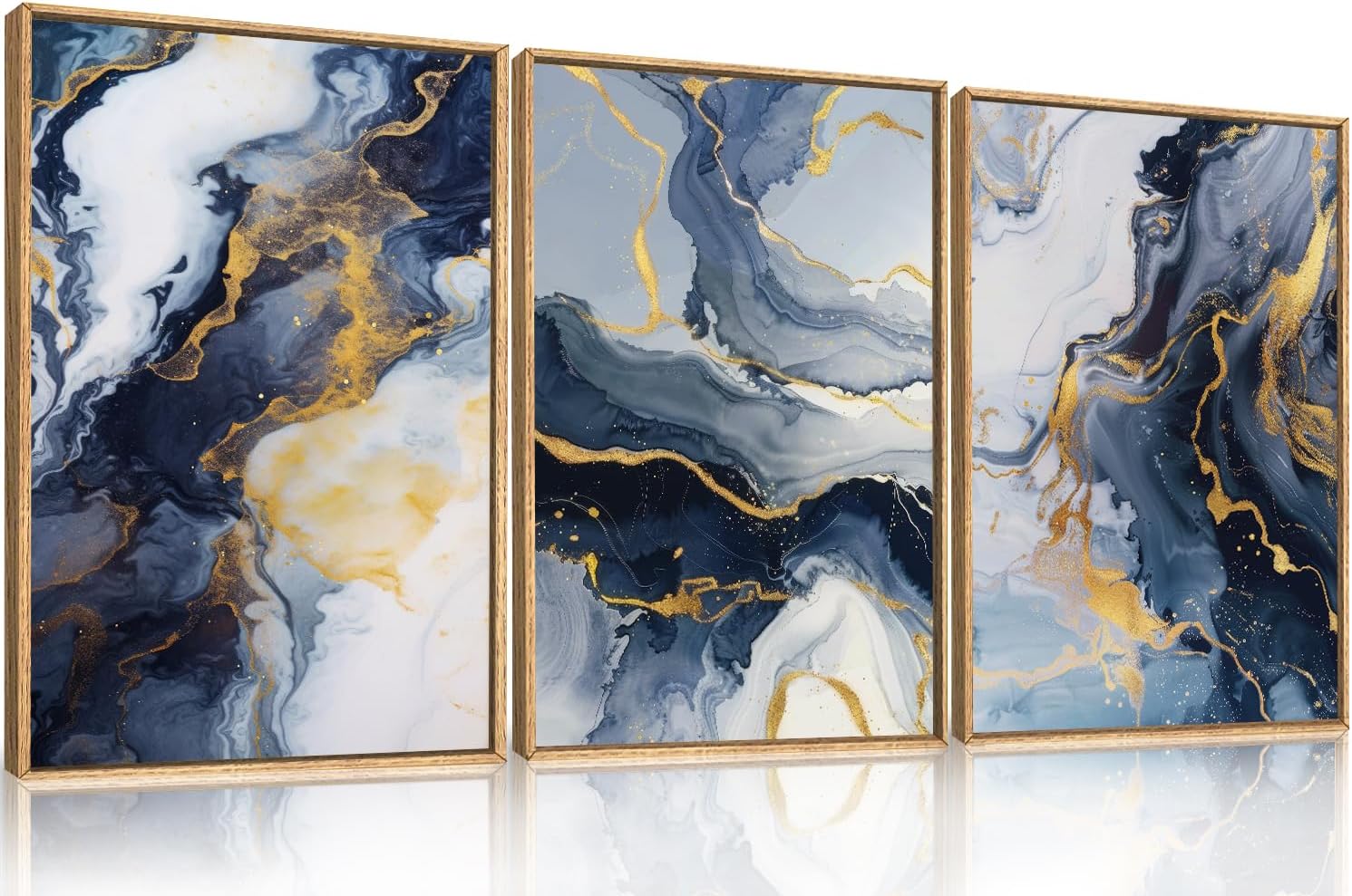 Navy Blue and Gold Framed Canvas Wall Art Set,Mid-Century Modern Abstract Wall Decor,Navy Blue Ink Wash Painting,Neutral Art Print for Living Room,Bedroom,Dining Room,Office - 24'x36'x3