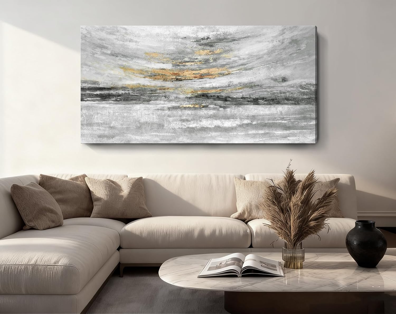 Nicetop 58x29' Modern Minimalist Black & White Abstract Coastal Wall Art with Metallic Gold Accents – Gallery Wrapped Abstract Ocean Waves & Clouds Canvas Art, Ready to Hang for Living Room Wall Decor, Bedroom Wall Art & Office Wall Decor