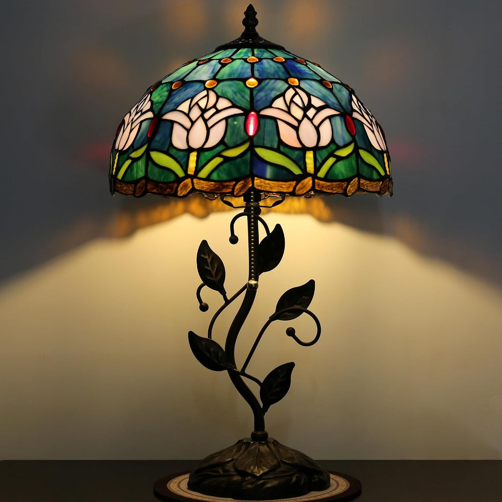 Tiffany Lamp Stained Glass Style Table Lamp Pink Tulips Style Bedside Desk Reading Light W12H19 Inch Metal Leaf Base with Metal Leaf Base