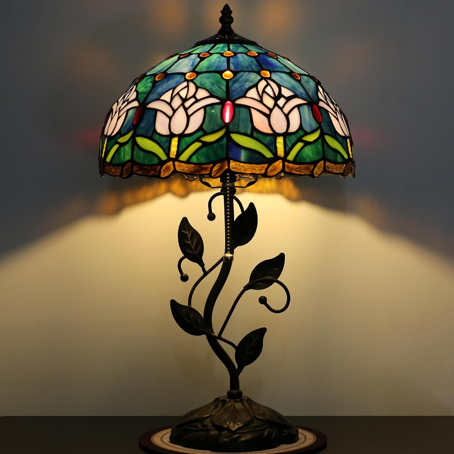 Tiffany Lamp Stained Glass Style Table Lamp Pink Tulips Style Bedside Desk Reading Light W12H19 Inch Metal Leaf Base with Metal Leaf Base