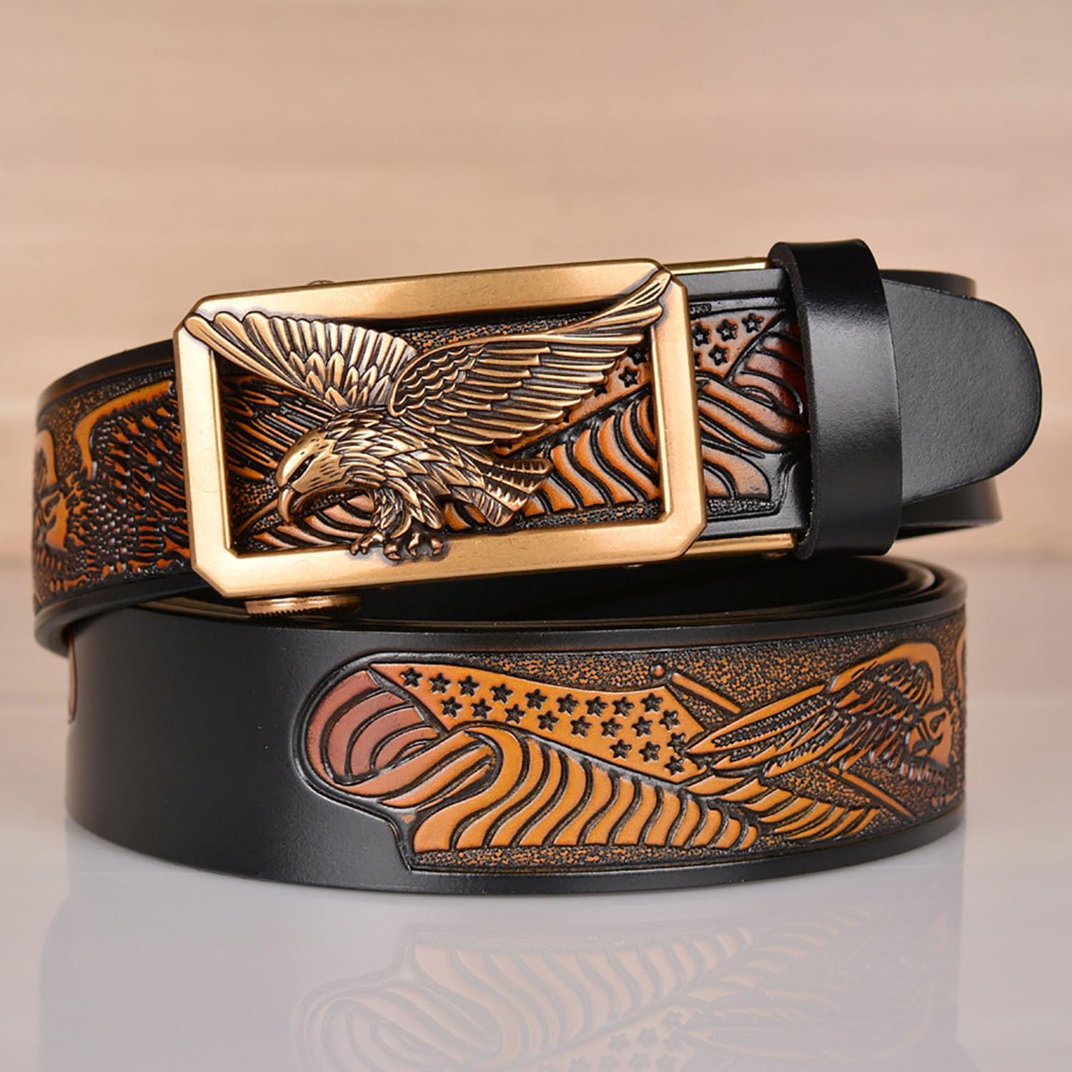 Mens Ratchet Leather Belt, Genuine Leather belts, Engraved Vintage Dragon Eagle Tiger Buckle, Business leisure belt