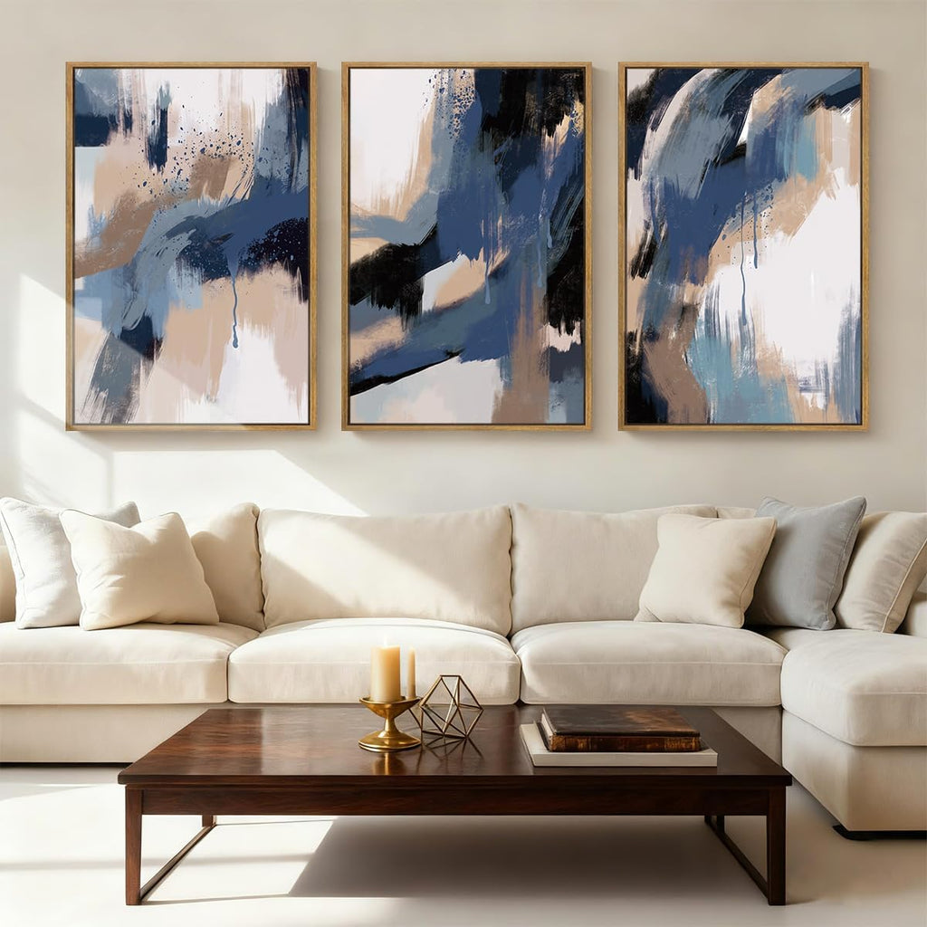 Extra Large Blue Neutral Wall Art Modern Abstract Wall Painting Framed Blue Artwork Abstract Blue Wall Decor Modern Abstract Art Prints Neutral Abstract Paintings for Living Room Bedroom Office 24x36 Inch Set of 3