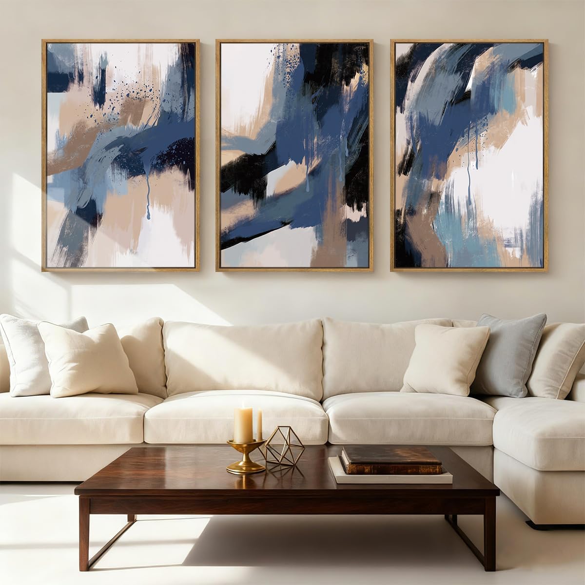 Extra Large Blue Neutral Wall Art Modern Abstract Wall Painting Framed Blue Artwork Abstract Blue Wall Decor Modern Abstract Art Prints Neutral Abstract Paintings for Living Room Bedroom Office 24x36 Inch Set of 3