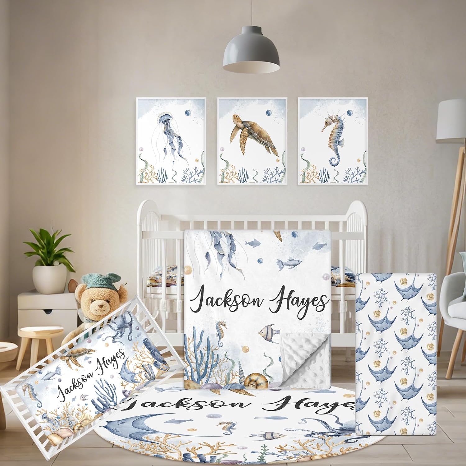 Terwex Custom Crib Bedding Set - 5 Pcs Customized Baby Crib Set with Name - Soft Double Layer Marine Animals Nursery Baby Bedding Set for Girls Boys - Personalized for Infant Toddler