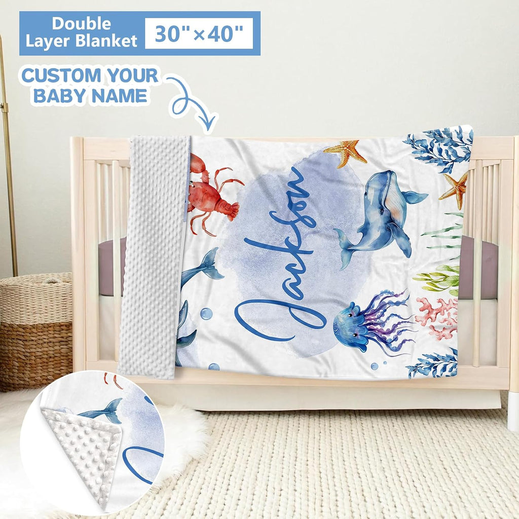 KAINSY Custom Crib Bedding Set 5 Pcs for Girls Boys – Personalized Blue Ocean Animals Theme, Newborn Sleep Set, Nursery Decor, Toddler Room Essentials, Infant Sleep, Baby Room Accessories, Baby Gift