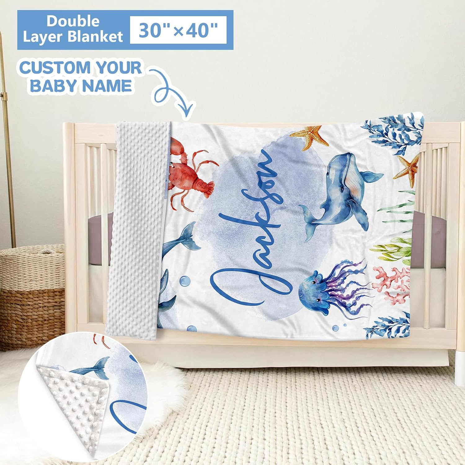 KAINSY Custom Crib Bedding Set 5 Pcs for Girls Boys – Personalized Blue Ocean Animals Theme, Newborn Sleep Set, Nursery Decor, Toddler Room Essentials, Infant Sleep, Baby Room Accessories, Baby Gift