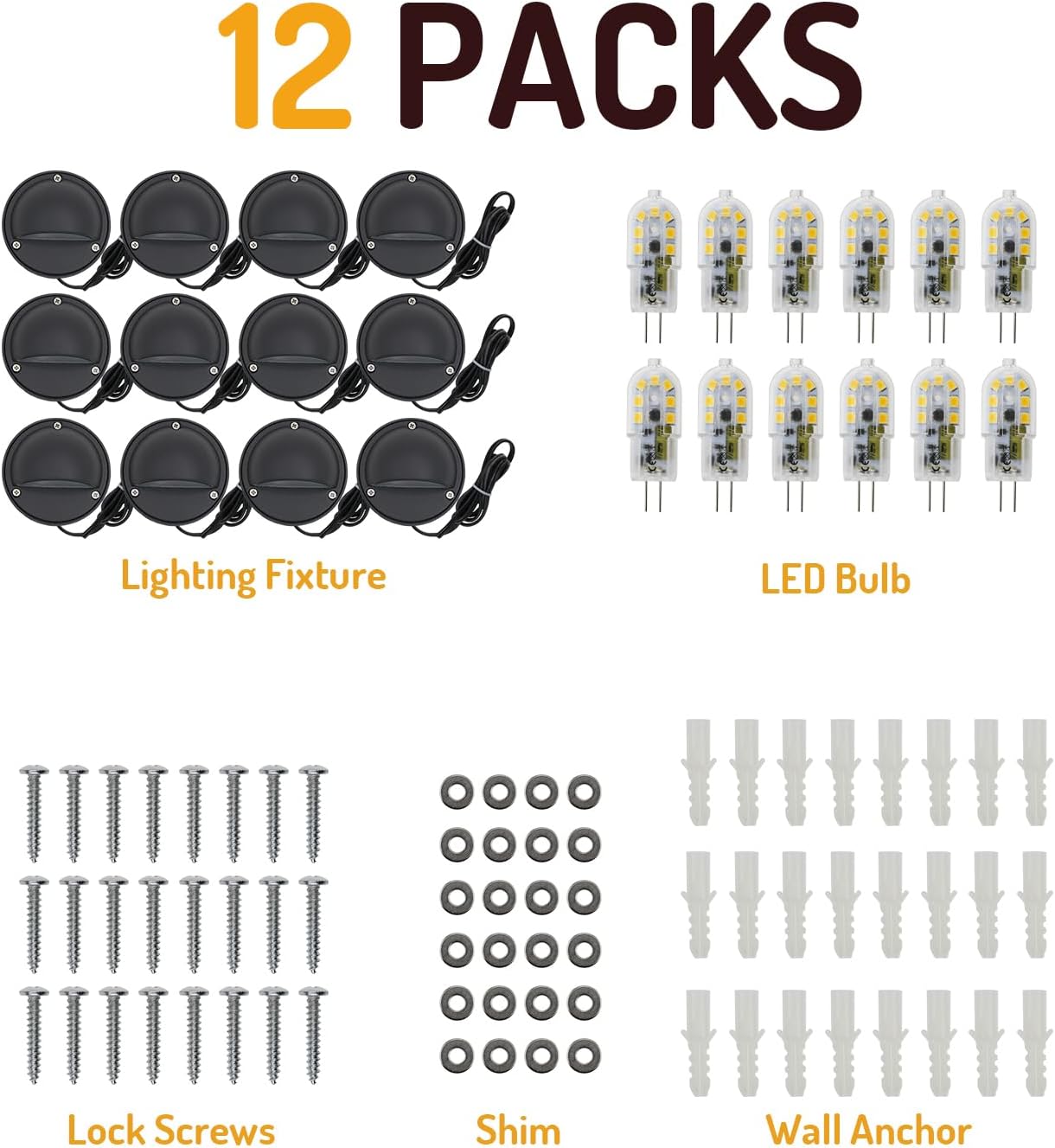 Lumina Lighting® 2W LED Deck and Step Lights (12 Pack) | Low Voltage Landscape Deck Lights Waterproof - 12V 3000K Outdoor Patio Balcony Porch Step Lighting | Replaceable G4 LED Bulb Included (Black)