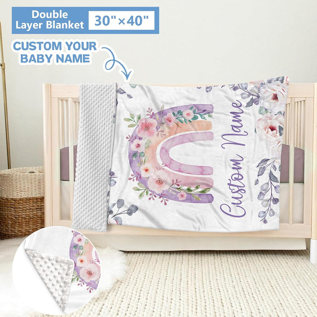 KAINSY Personalized Baby Bedding Set, 5 Pcs Custom Baby Crib Set with Name, Soft Flannel Rainbow Crib Bedding Set for Girls, Double Layer Nursery Bedding Set, Infant Toddler Bedding Set Parents Gift