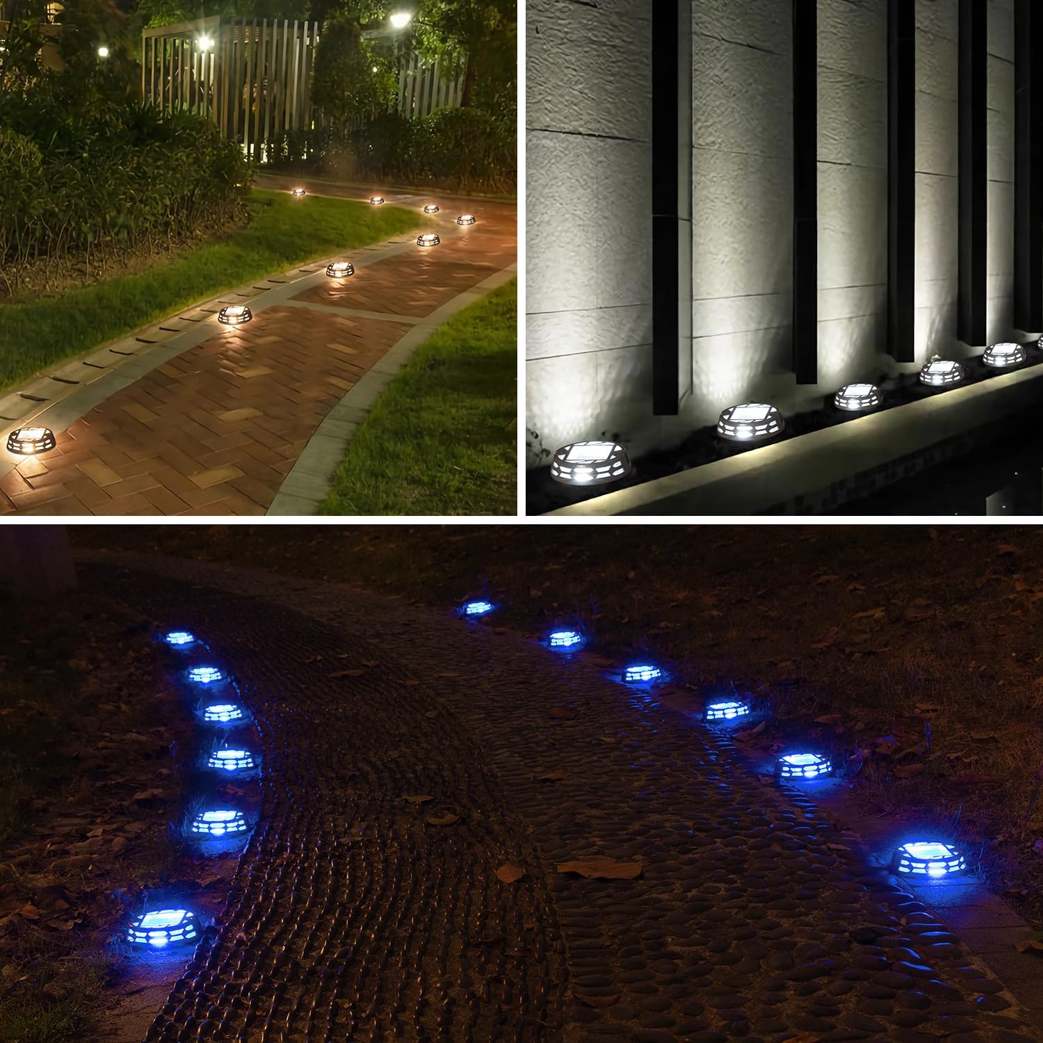 Solar Deck Lights Outdoor Driveway Marker Dock LED Light,3 Lighting Modes,Warm/Bright White and Blue IP67 Waterproof Road Markers for Driveway Sidewalk Garden Pathway Yard