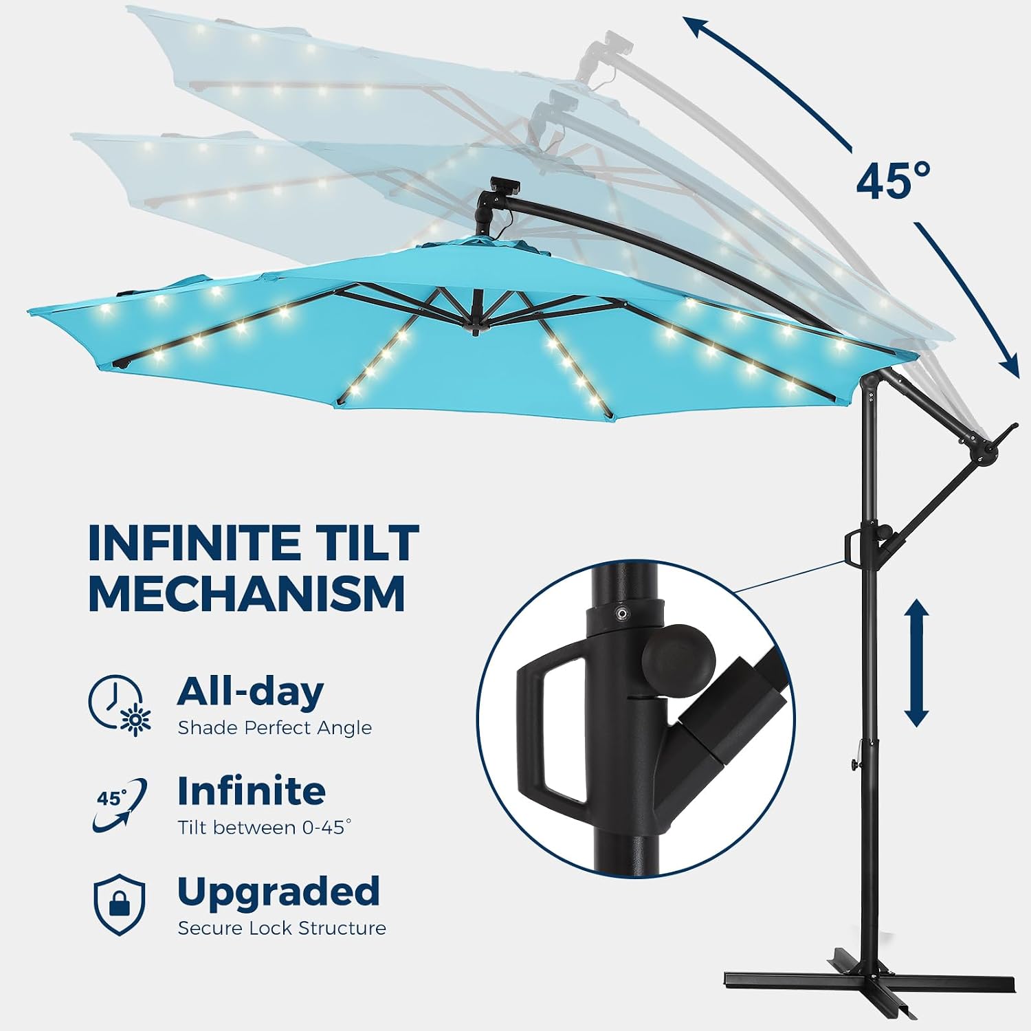 HOMSHADE 10ft Solar Lights Offset Cantilever Patio Umbrella - with Light and Base, LED Lighted Offset Hanging Patio Outdoor Market Umbrella UPF50+ UV Protection with Easy Tilt and Crank (Light Blue)