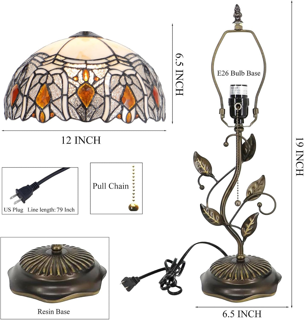 Tiffany Table Lamp Stained Glass Desk Lamp Metal Leaf Base Reading Light 12X19 Inch (Crystal Style)