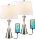 JONATHAN Y 26' Nickel Classic Iron LED Table Lamp with USB Port, Set of 2 for Bedroom, White Linen Shade, Farmhouse Midcentury Modern Bedside Nightstand Lamps, LED Bulbs JYL4046A-SET2
