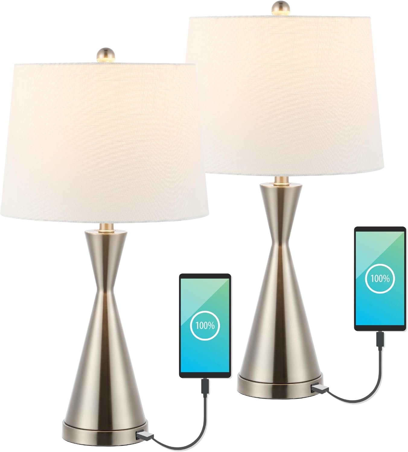 JONATHAN Y 26' Nickel Classic Iron LED Table Lamp with USB Port, Set of 2 for Bedroom, White Linen Shade, Farmhouse Midcentury Modern Bedside Nightstand Lamps, LED Bulbs JYL4046A-SET2