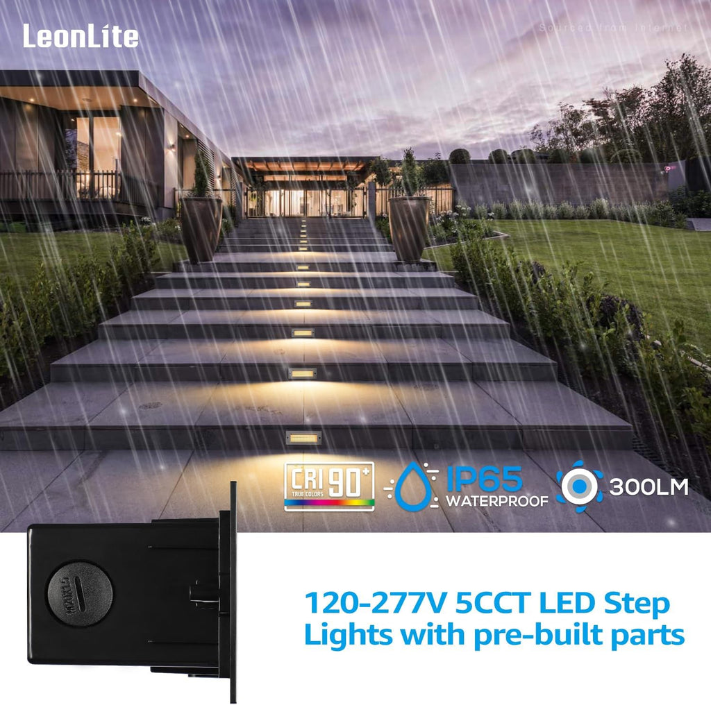 LEONLITE Update 5CCT LED Step Lights 120-277V, Dimmable 4.5W 300LM Anti-Glare LED Deck Steps Stair Lights Outdoor, 1800K2700K3000K4000K5000K, CRI 90, ETL, IP65 Waterproof, Satin Nickel, Pack of 3