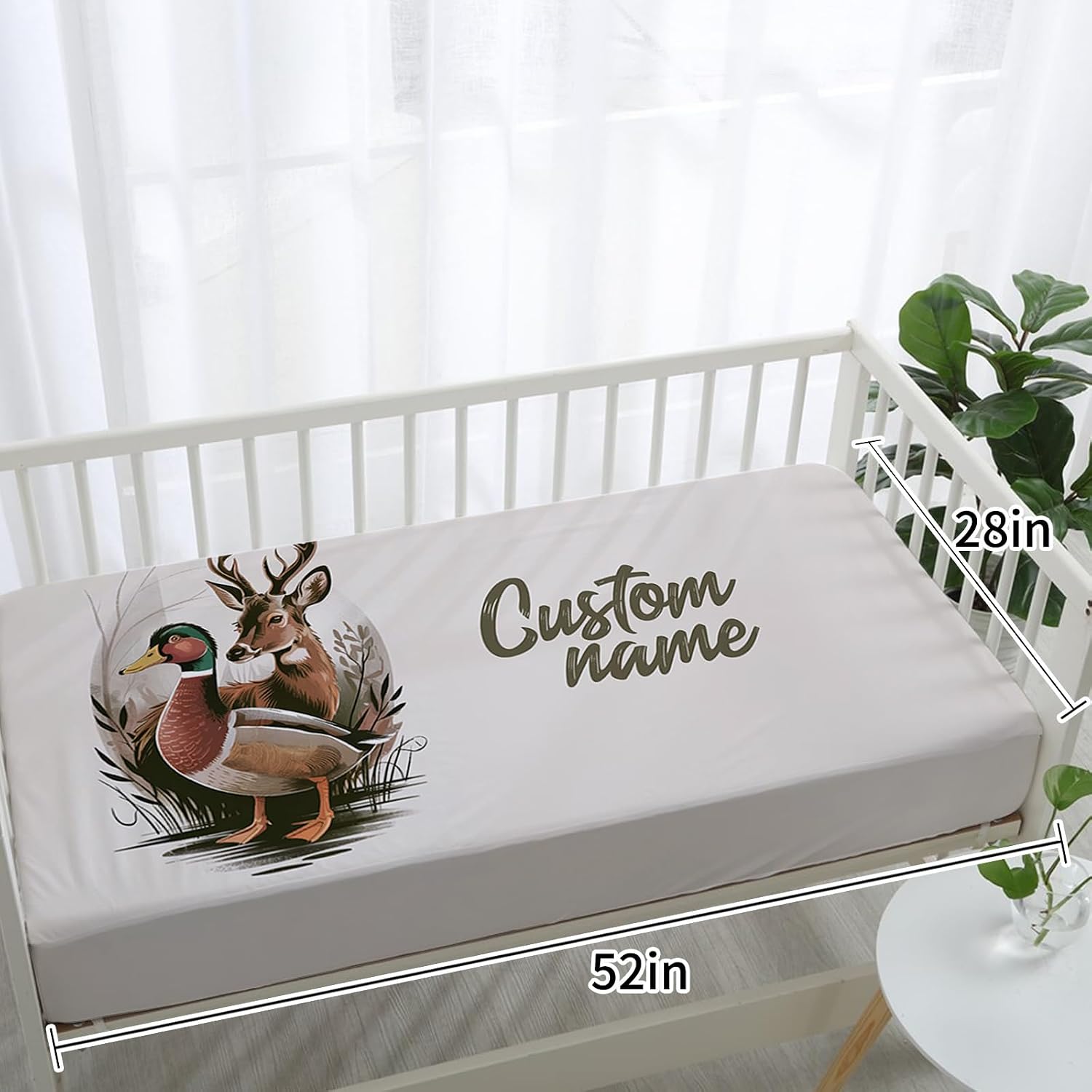 Personalized Crib Bedding Set for Baby Boys, Hunting Duck Pattern Custom Name Baby Crib Sets 5-Pcs, Double Layer Baby Blanket Fitted Sheet Changing Pad Cover Rug Wall Art Set