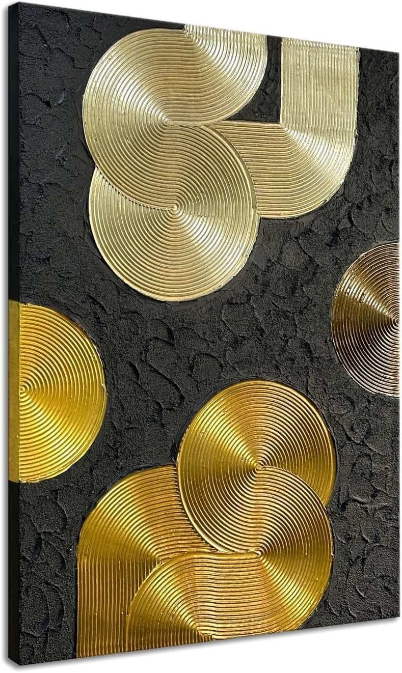 Slyart Black and Gold Texture Wall Art, Handmade 3D Arch Painting, 28'x40' Large Abstract Canvas Wall Art for Living Room