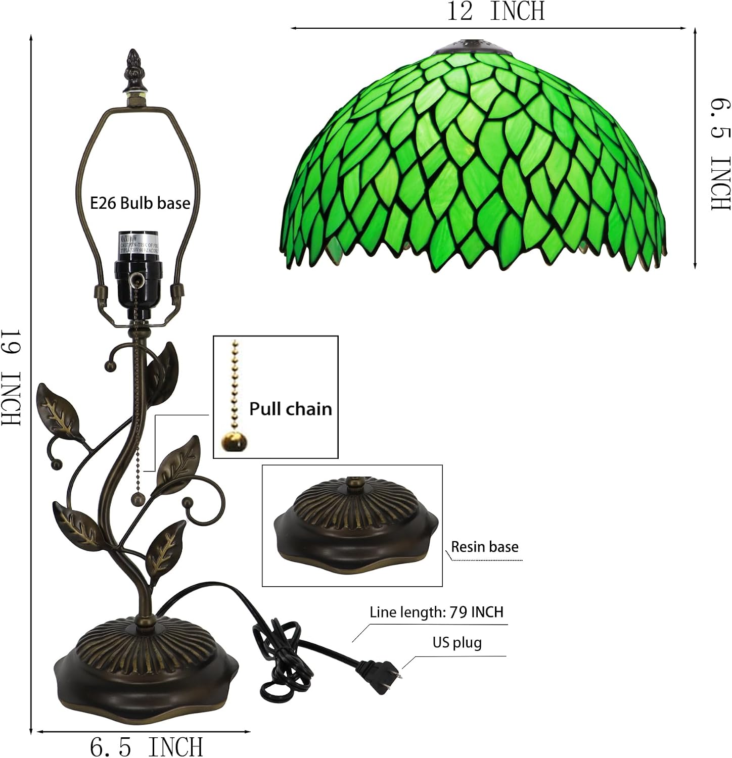 Tiffany Table Lamp, Stained Glass Desk Light, W12H19 Inch, Metal Leaf Base (Green Wisteria)