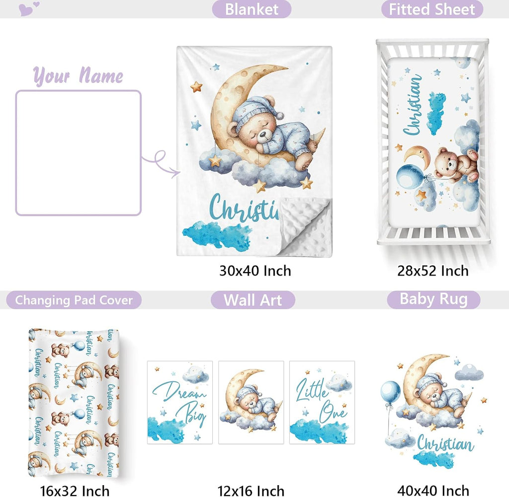 Personalized Baby Crib Bedding Set, 5 Pcs Custom Name Nursery Bedding Set for Girls Boys, Blue Moon Bear Baby Crib Set for Toddlers Infants, Double Layer Bedding Crib Sets Customized Gifts