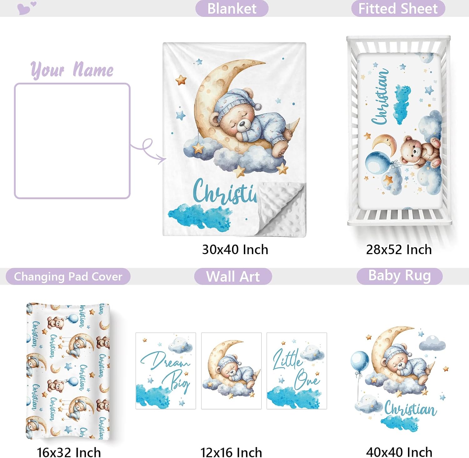 Personalized Baby Crib Bedding Set, 5 Pcs Custom Name Nursery Bedding Set for Girls Boys, Blue Moon Bear Baby Crib Set for Toddlers Infants, Double Layer Bedding Crib Sets Customized Gifts