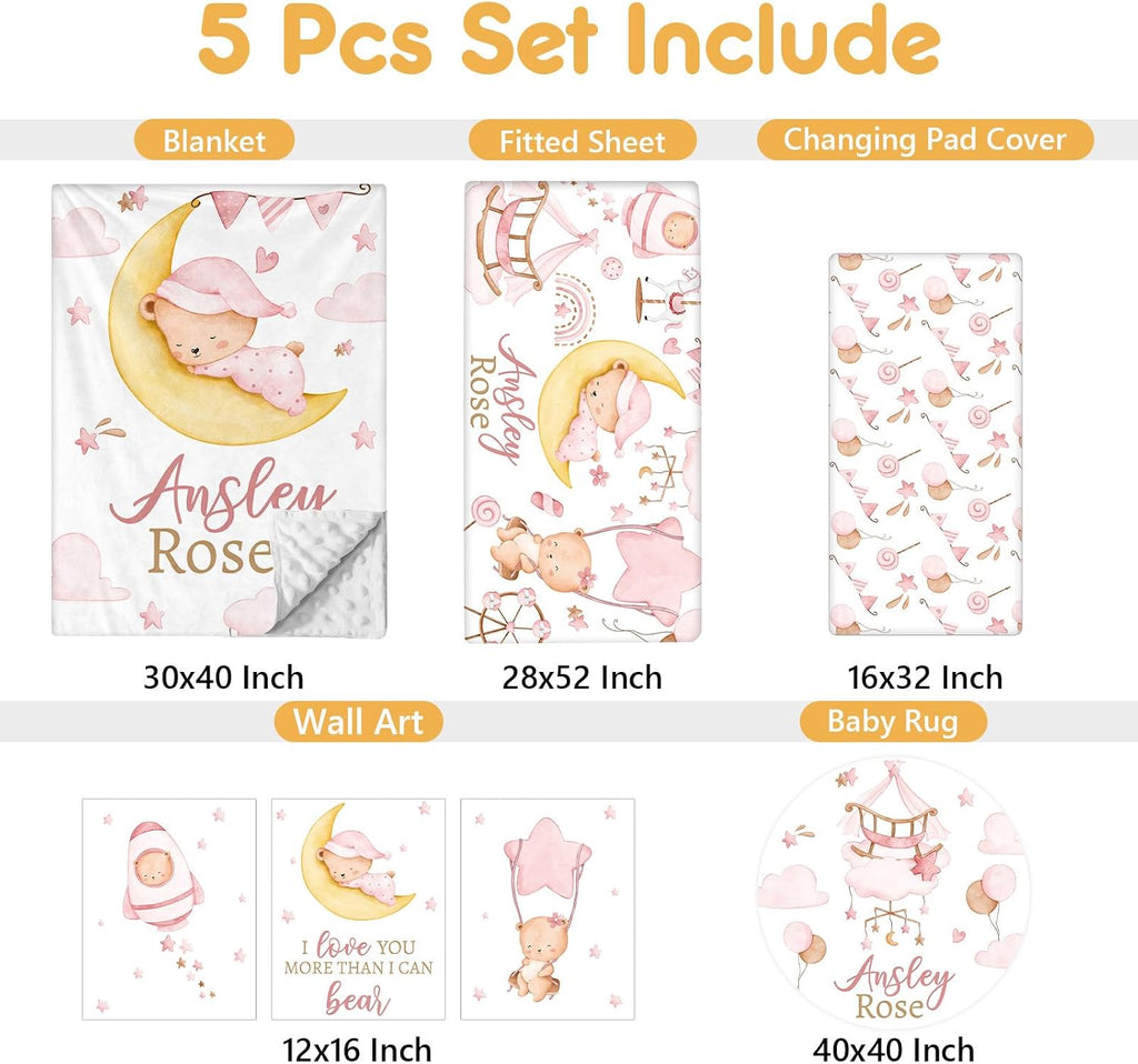 Terwex Custom Crib Bedding Set, 5 Pcs Customized Baby Crib Set with Name, Soft Double Layer Nursery Baby Bedding Set for Girls Boys, Personalized for Infants Toddlers, Pink Moon Bear