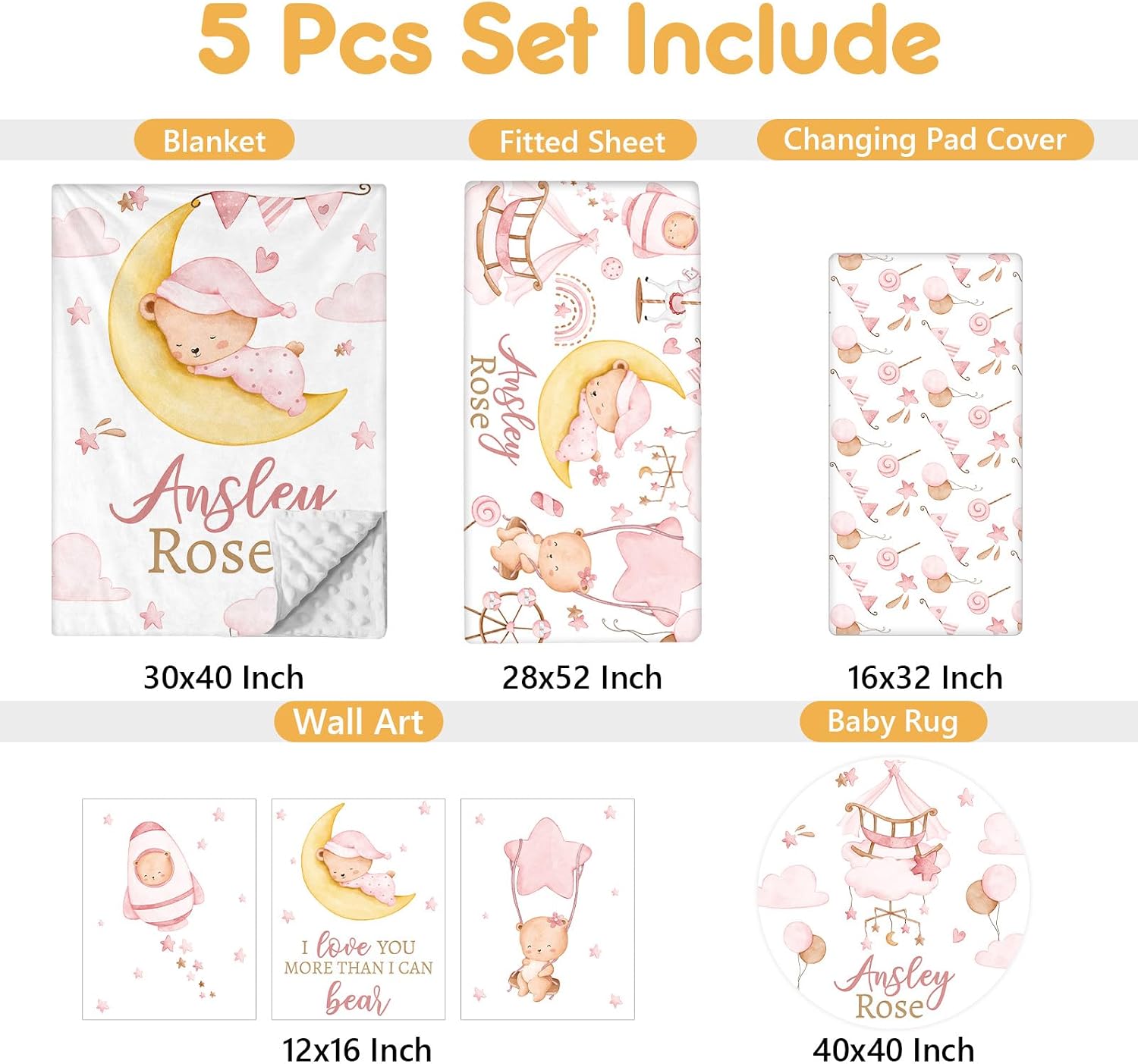 Terwex Custom Crib Bedding Set, 5 Pcs Customized Baby Crib Set with Name, Soft Double Layer Nursery Baby Bedding Set for Girls Boys, Personalized for Infants Toddlers, Pink Moon Bear